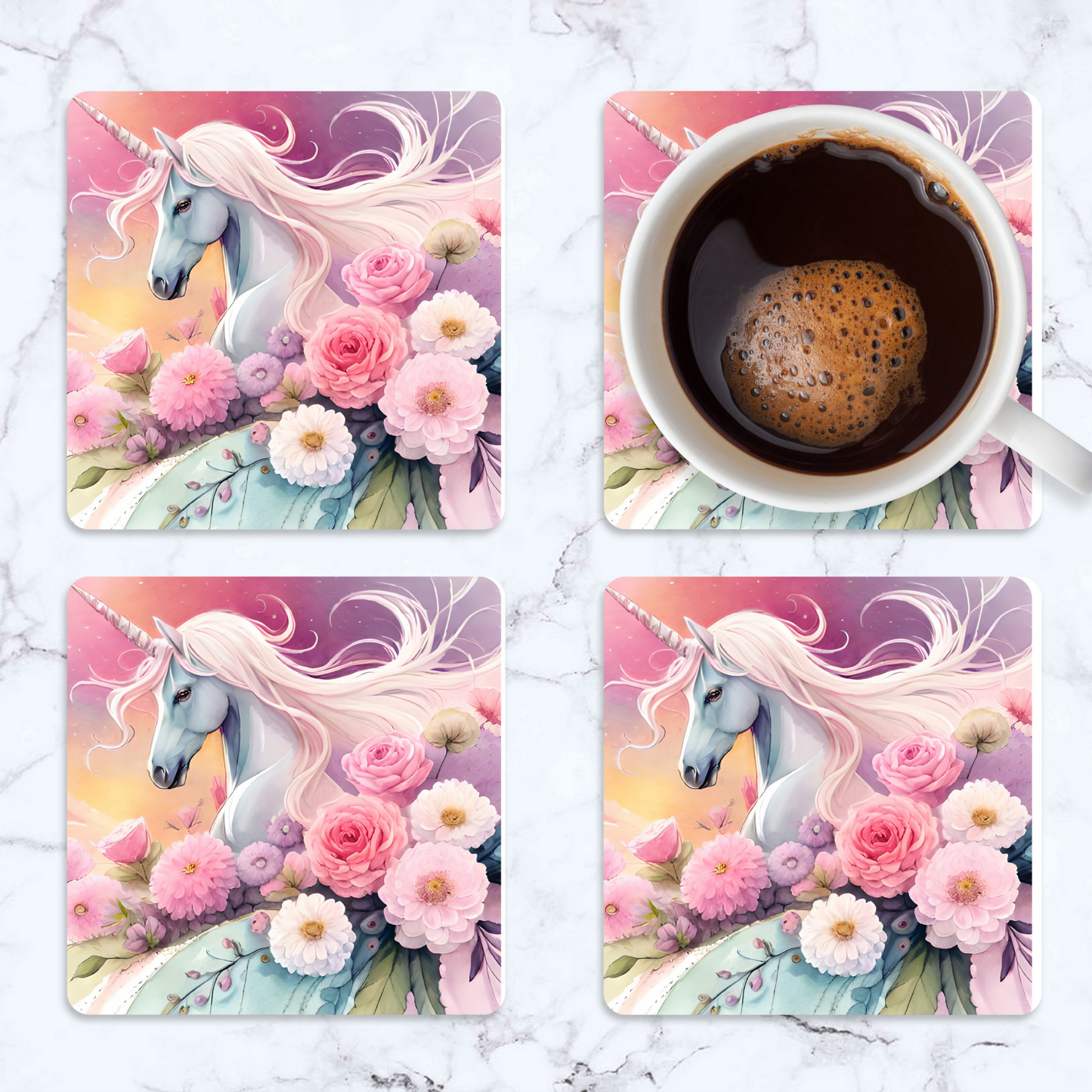 Unicorn Flower Square Coaster