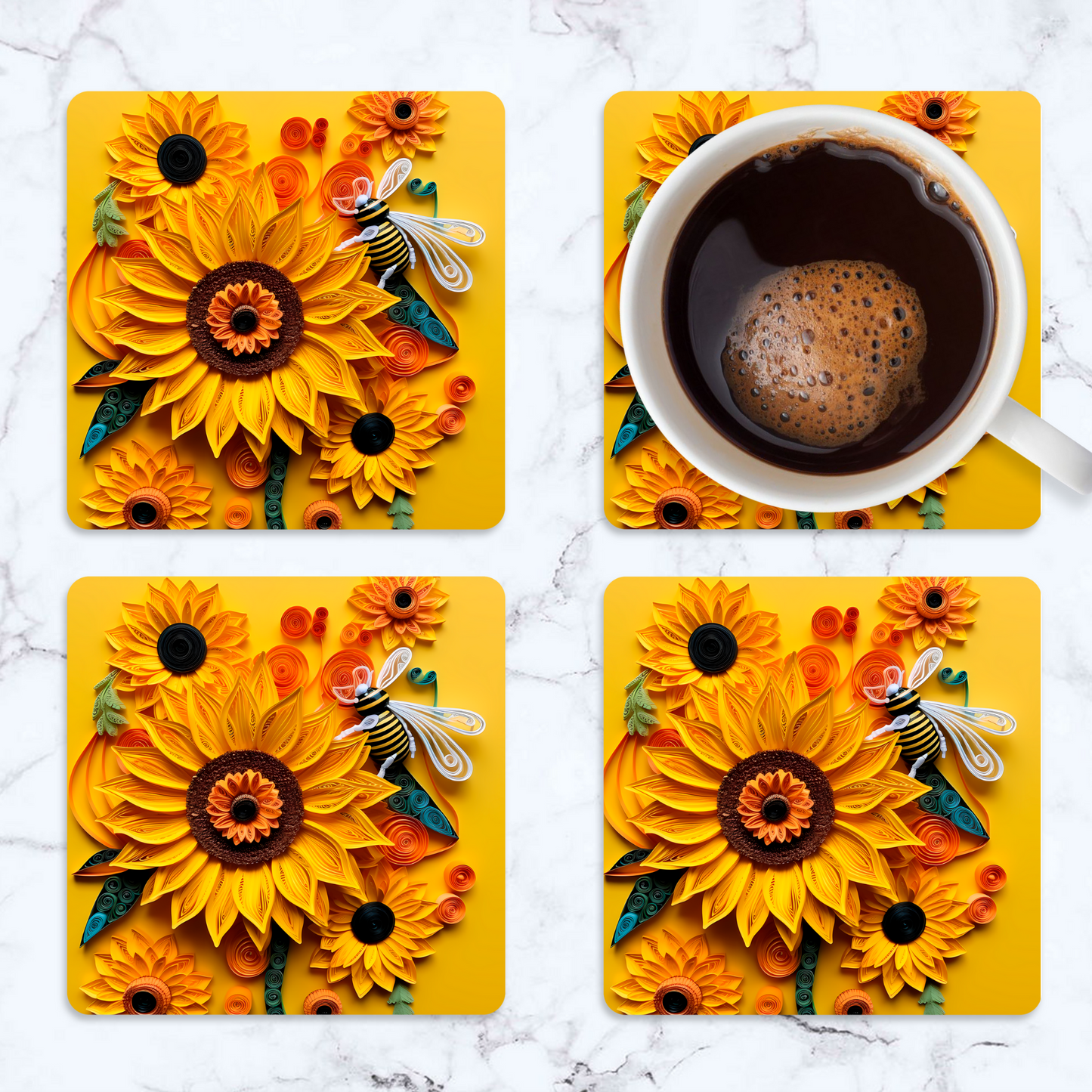 Bee and Sunflower 3d Square Coaster