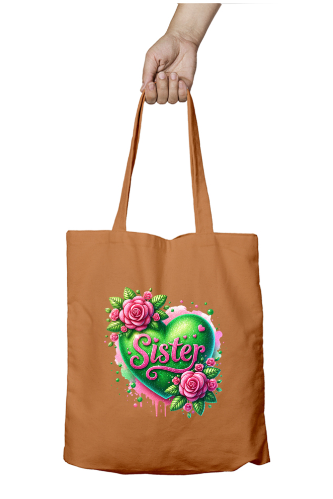 Sister Green Heart and Pink Roses- Tote Bags with Zipper