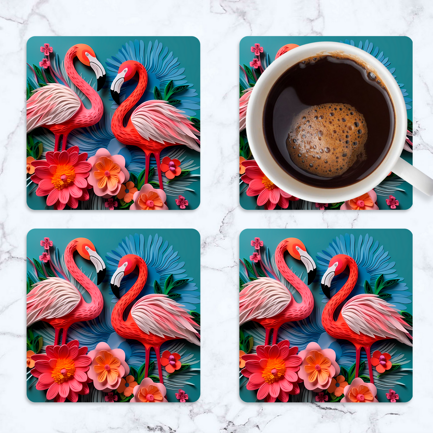 3d Flamingo Flower Square Coaster