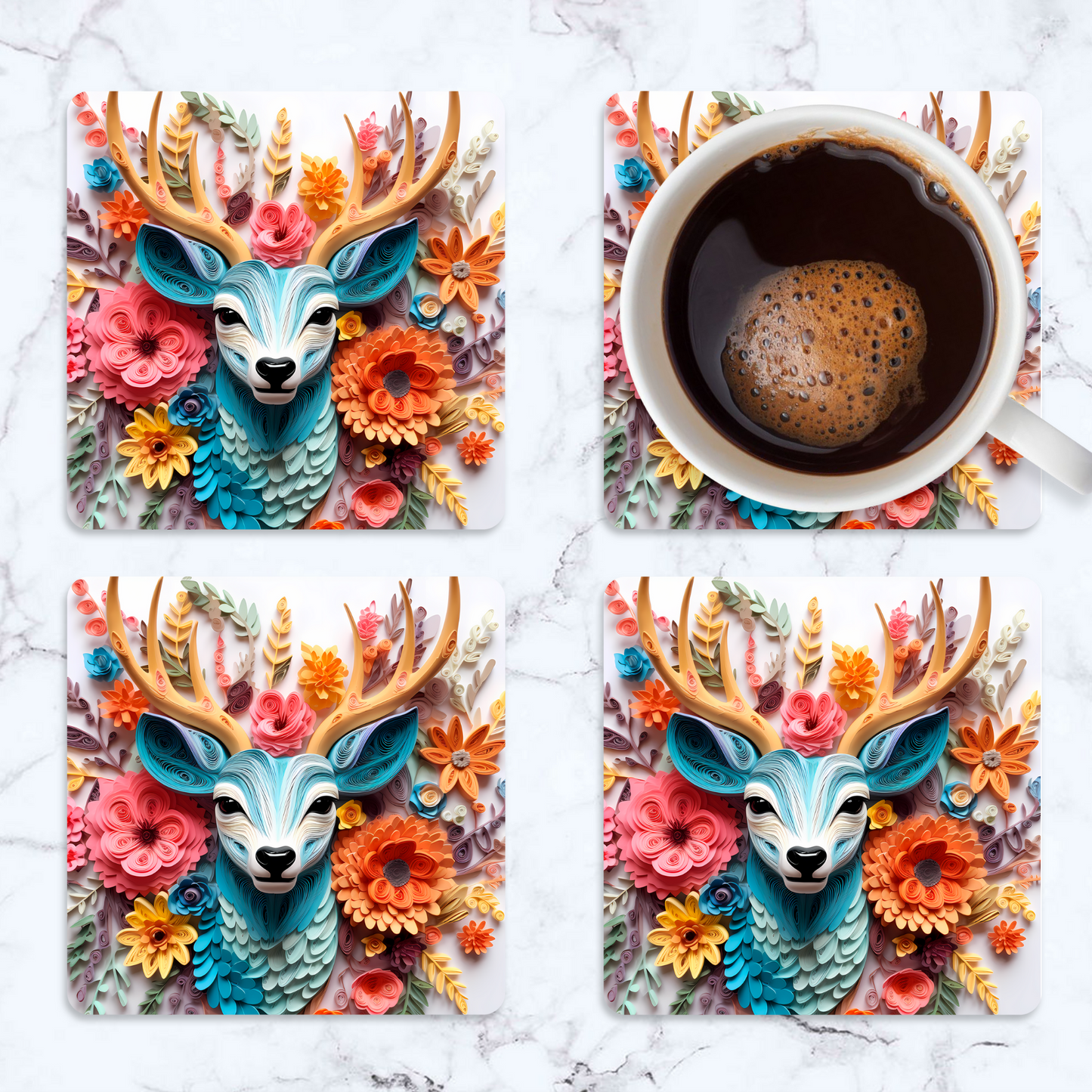 3D Floral Deer Square Coaster