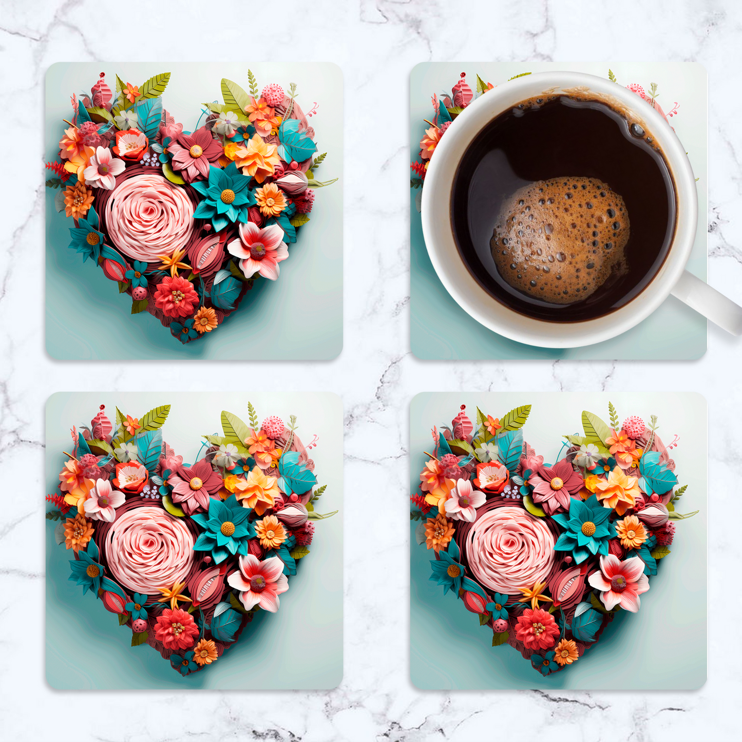 3D Flower Heart Square Coaster