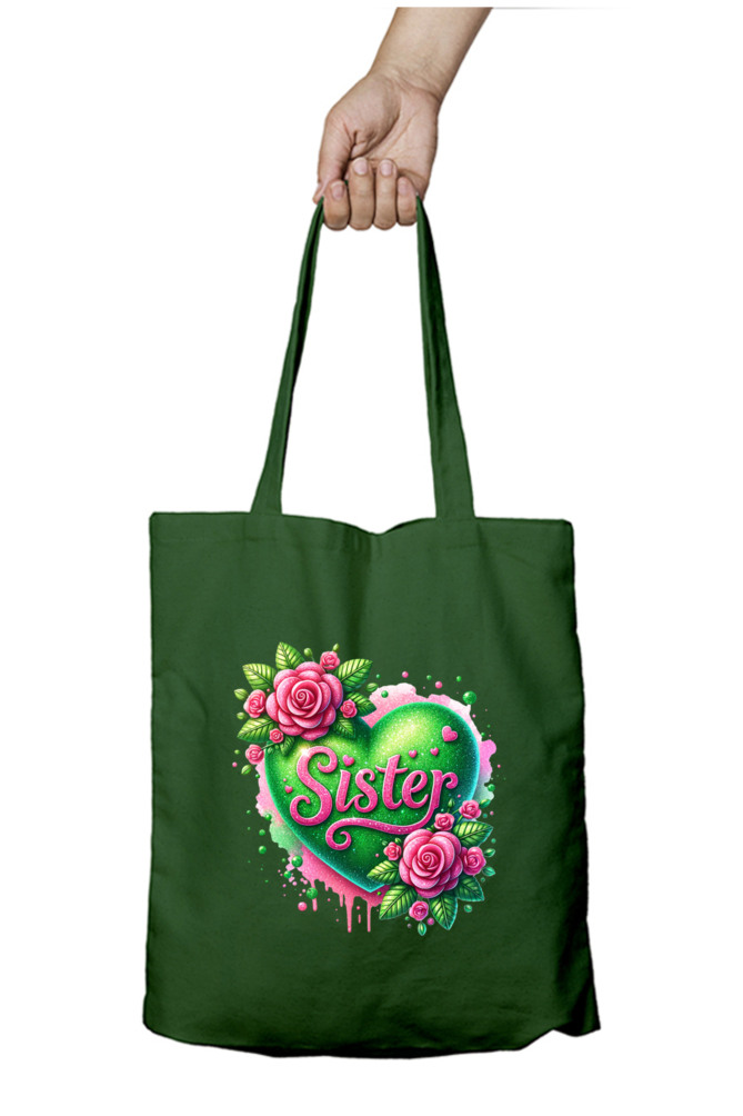 Sister Green Heart and Pink Roses- Tote Bags with Zipper