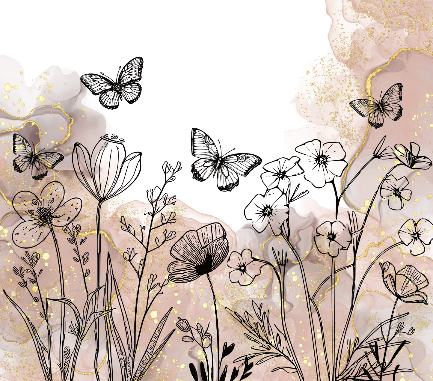 Boho Line Art Butterfly with Flower Sipper Bottle