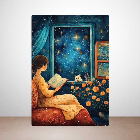 Metal poster - Cute girl reading a book with her cat