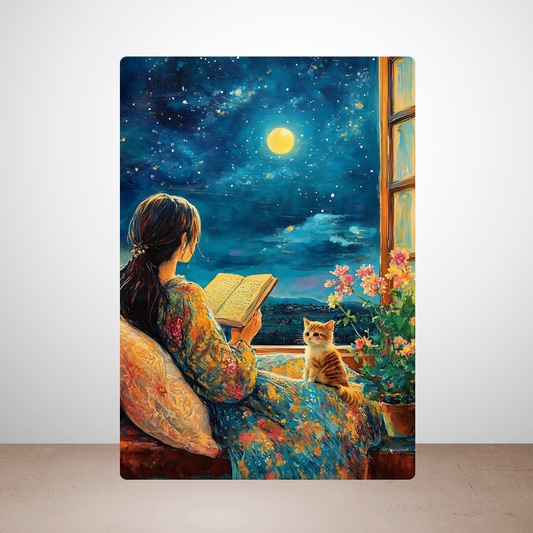 Metal poster - Cute girl reading a book with her cat