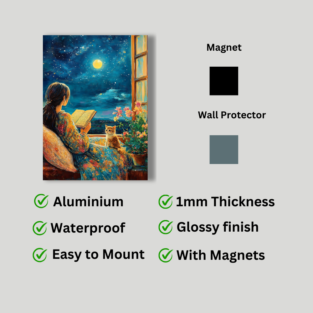 Metal poster - Cute girl reading a book with her cat
