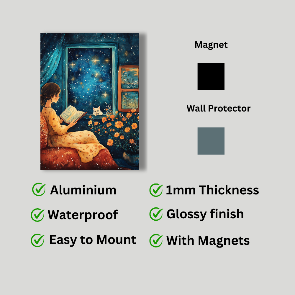 Metal poster - Cute girl reading a book with her cat