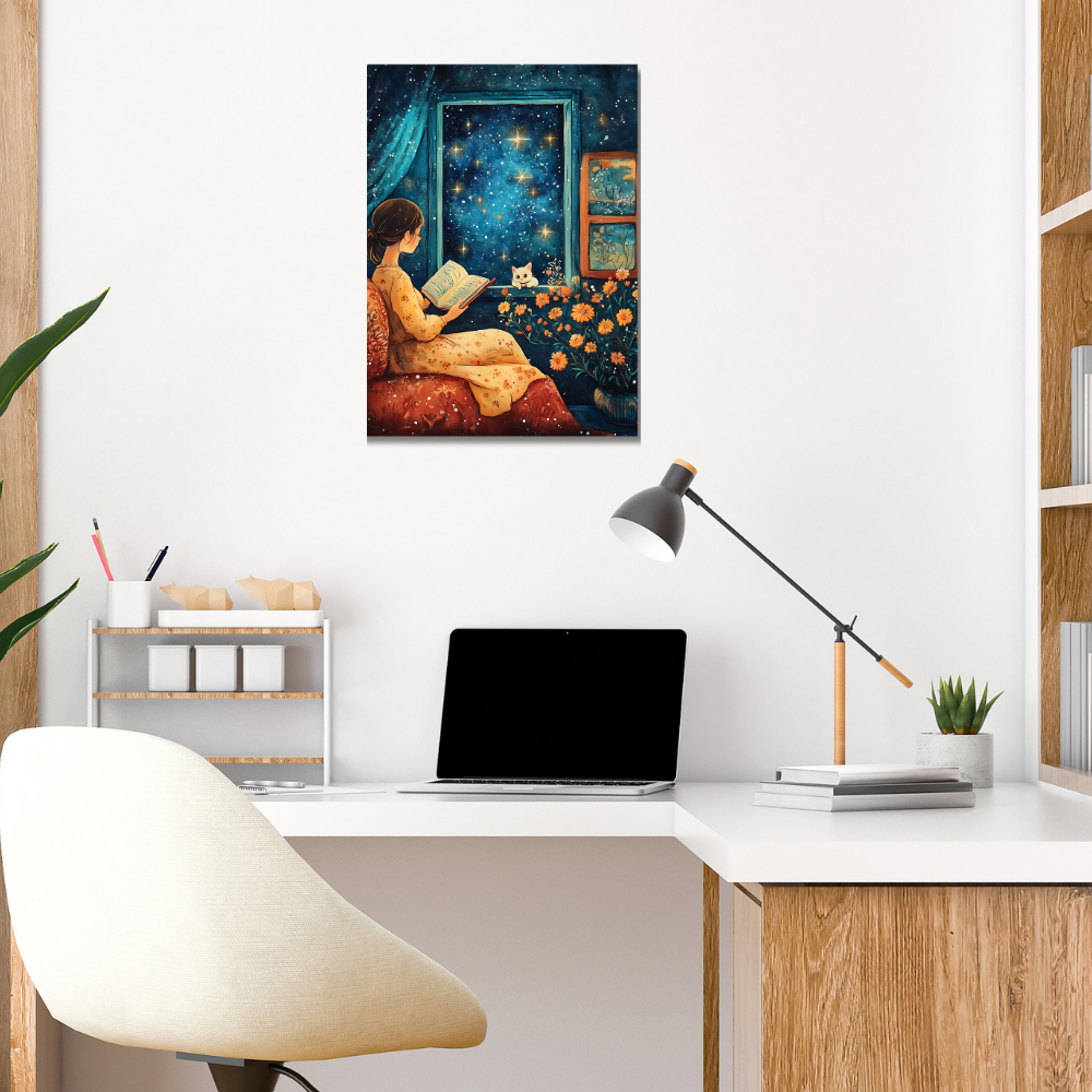Metal poster - Cute girl reading a book with her cat