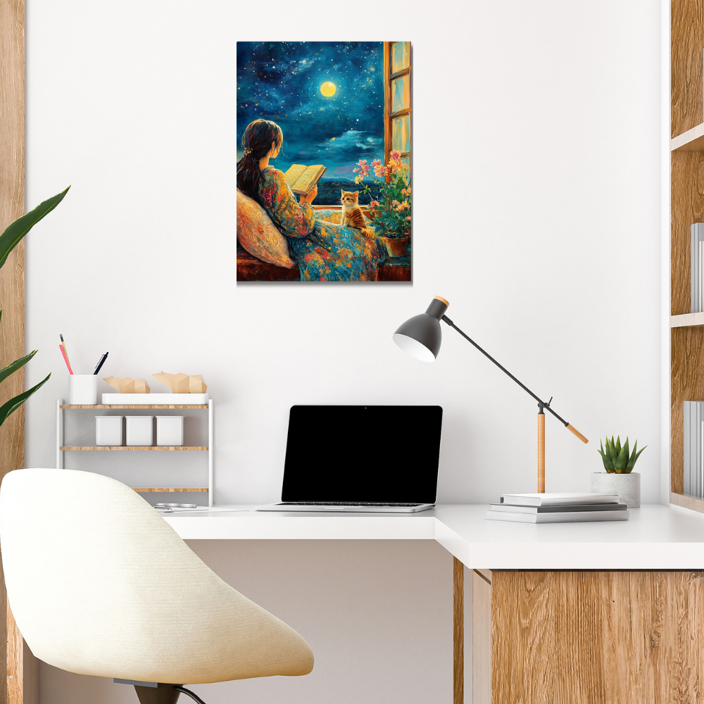 Metal poster - Cute girl reading a book with her cat