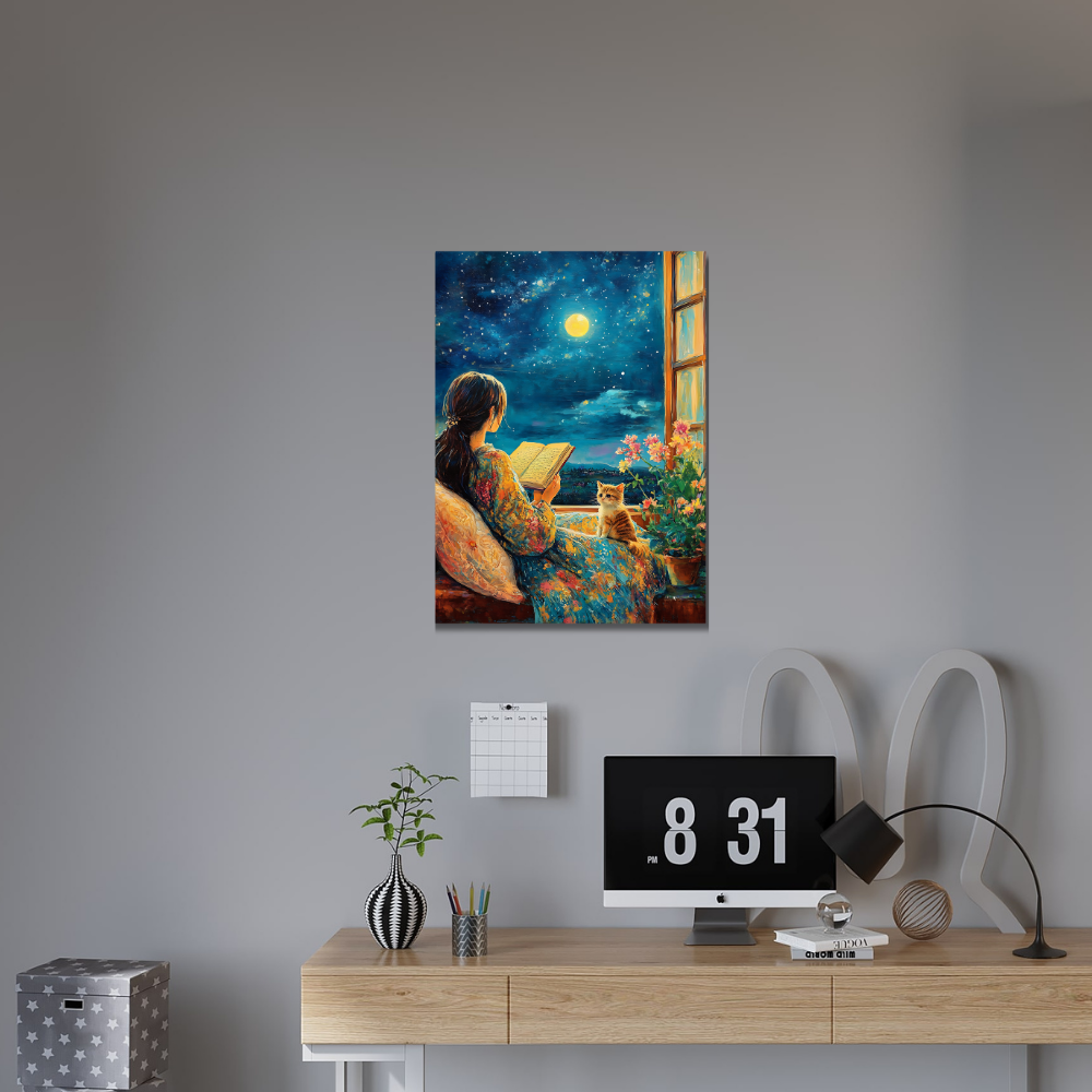 Metal poster - Cute girl reading a book with her cat
