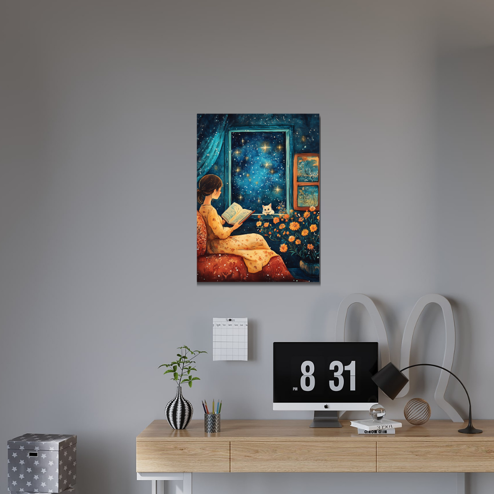 Metal poster - Cute girl reading a book with her cat