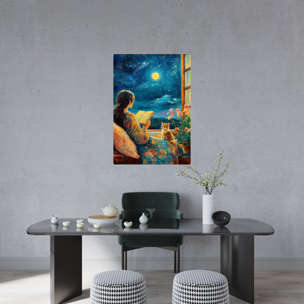 Metal poster - Cute girl reading a book with her cat