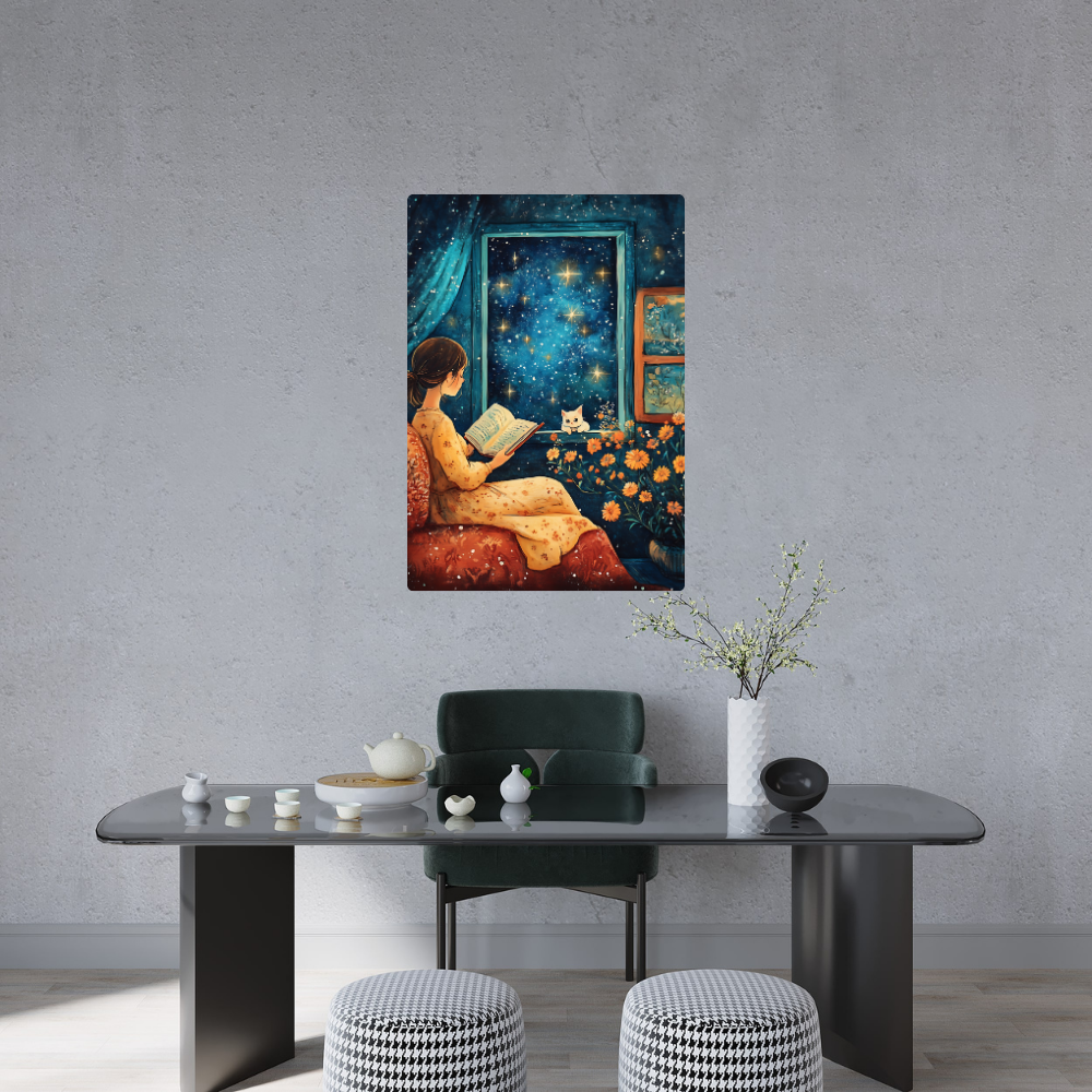 Metal poster - Cute girl reading a book with her cat