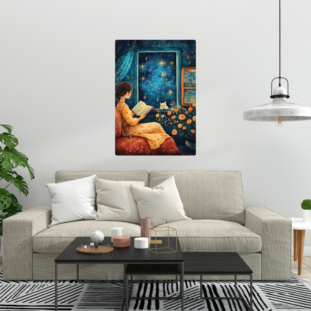 Metal poster - Cute girl reading a book with her cat