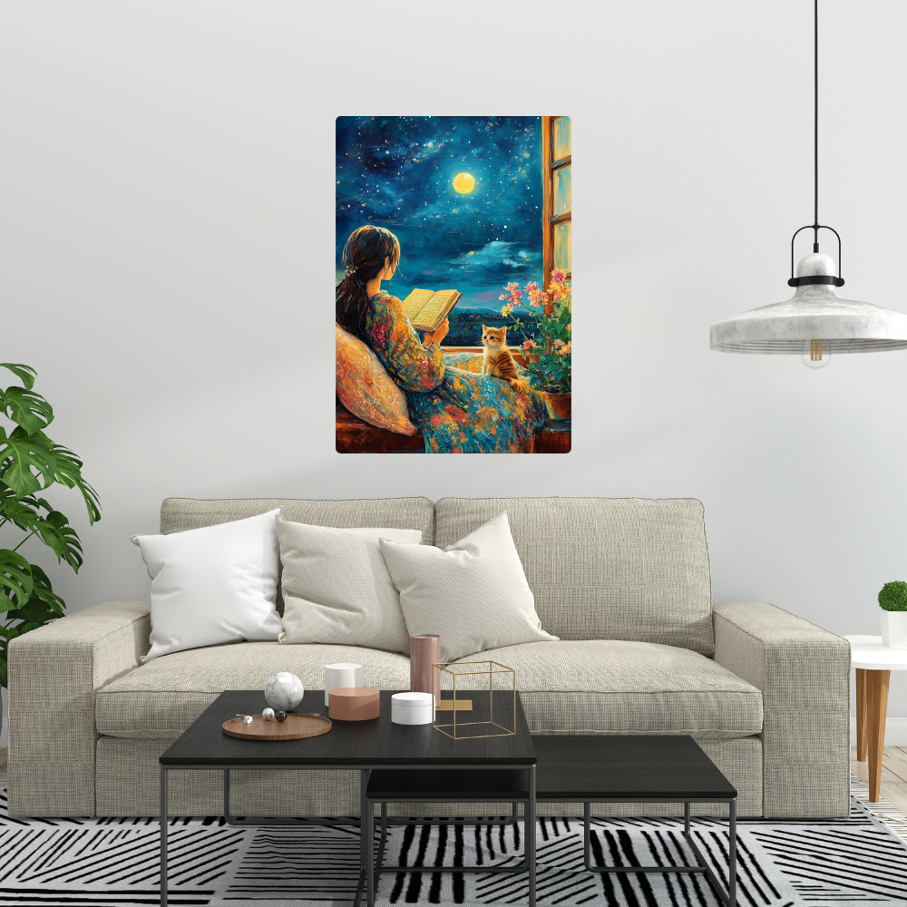 Metal poster - Cute girl reading a book with her cat