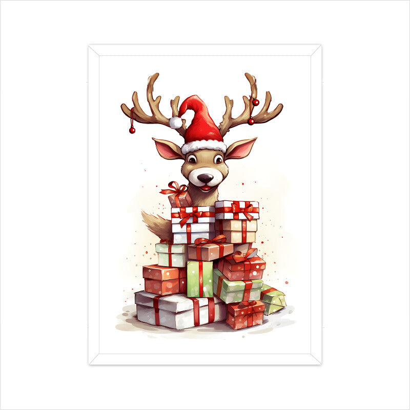 Cute Reindeer with Xmas Gifts Wall Art