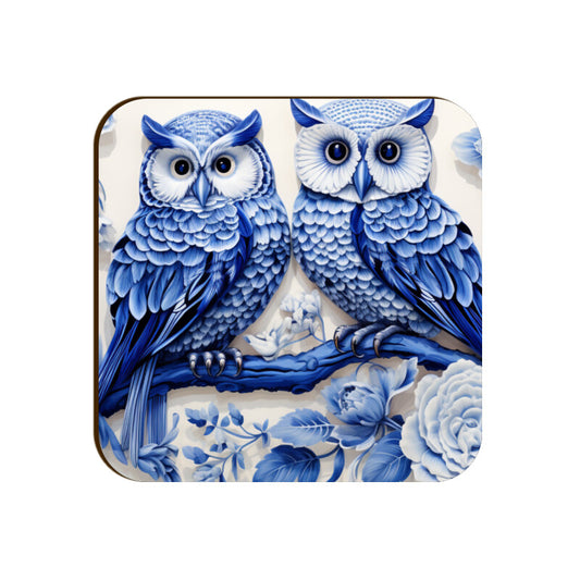 White and Blue Owls Square Coaster