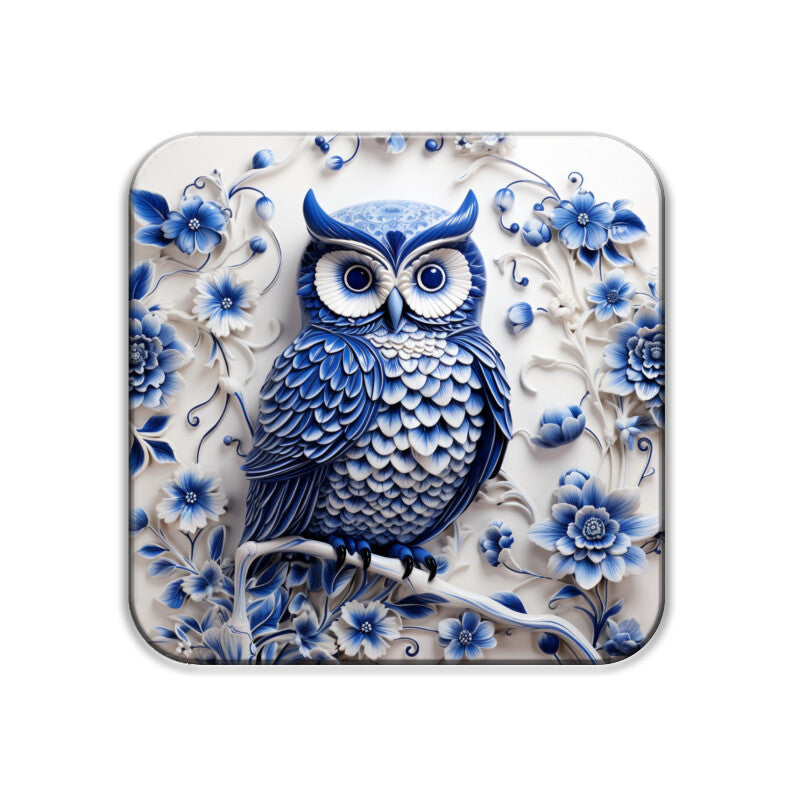 White and Blue Owls Square Coaster