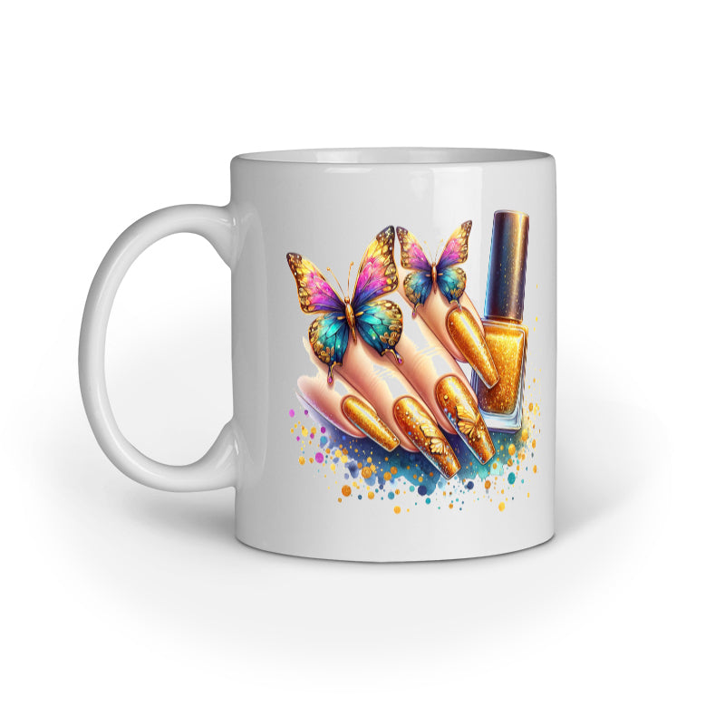 Gold Glitter Nails Butterflies Mug